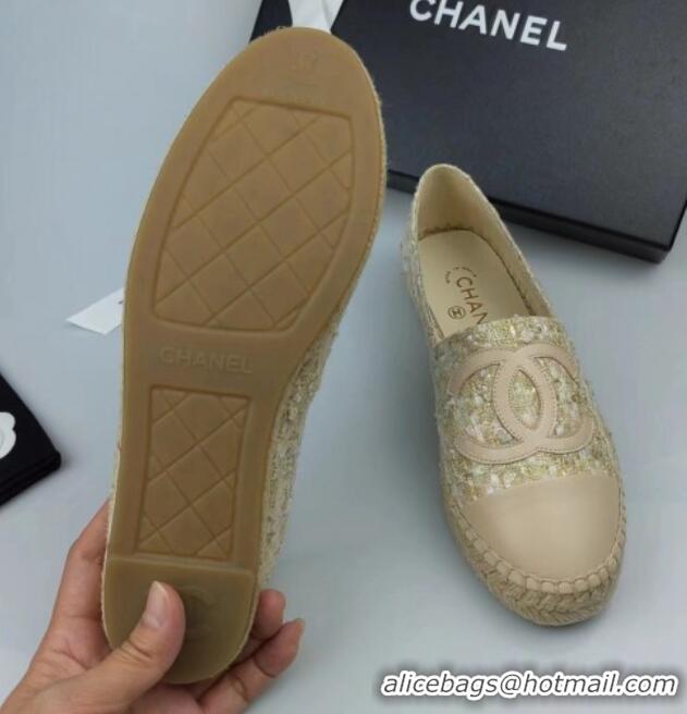 Luxurious Chanel Tweed, Sequins and Lambskin Espadrilles Flat Beige 816007