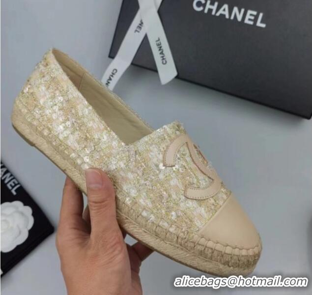 Luxurious Chanel Tweed, Sequins and Lambskin Espadrilles Flat Beige 816007