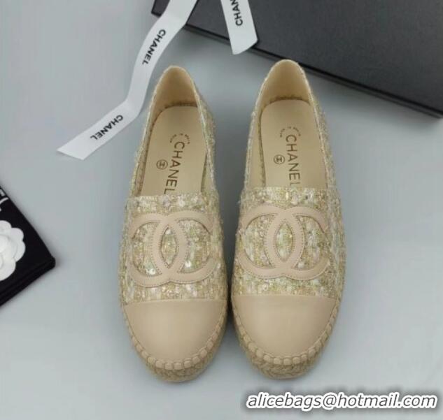 Luxurious Chanel Tweed, Sequins and Lambskin Espadrilles Flat Beige 816007