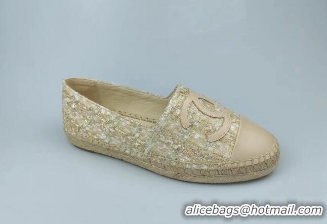 Luxurious Chanel Tweed, Sequins and Lambskin Espadrilles Flat Beige 816007