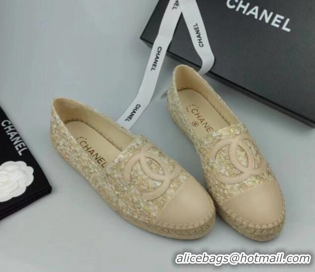 Luxurious Chanel Tweed, Sequins and Lambskin Espadrilles Flat Beige 816007