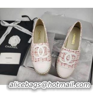 Top Design Chanel Tweed & Lambskin Espadrilles Flat Pink/White 816017