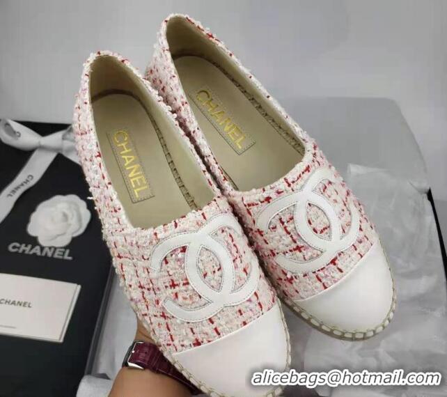 Top Design Chanel Tweed & Lambskin Espadrilles Flat Pink/White 816017