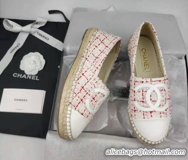 Top Design Chanel Tweed & Lambskin Espadrilles Flat Pink/White 816017