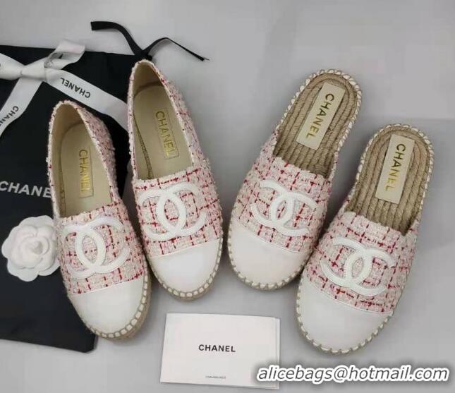 Top Design Chanel Tweed & Lambskin Espadrilles Flat Pink/White 816017