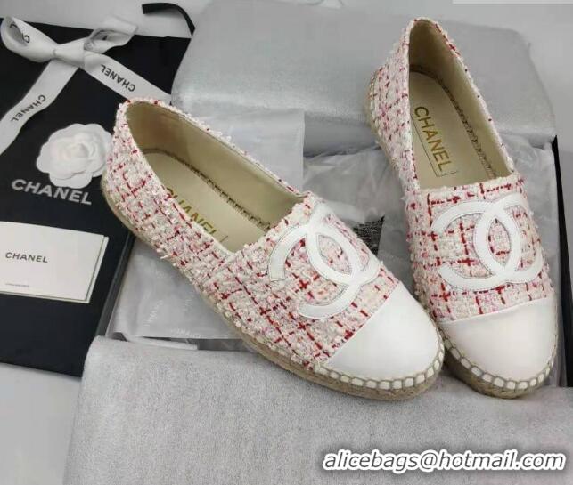 Top Design Chanel Tweed & Lambskin Espadrilles Flat Pink/White 816017