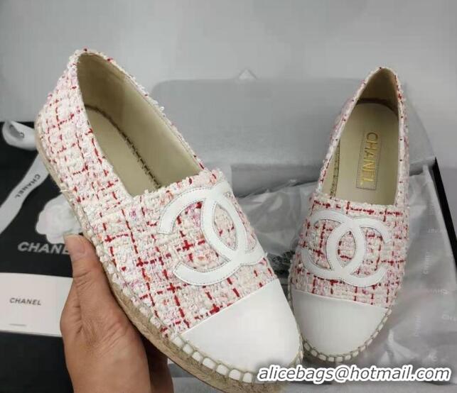 Top Design Chanel Tweed & Lambskin Espadrilles Flat Pink/White 816017