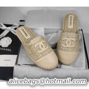 Pretty Style Chanel Tweed & Lambskin Espadrilles Mules Beige 816016