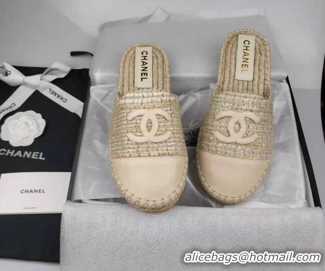 Pretty Style Chanel Tweed & Lambskin Espadrilles Mules Beige 816016