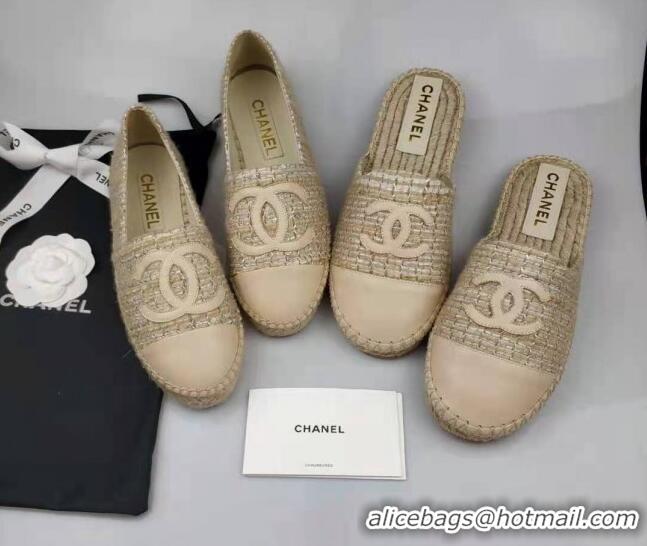 Pretty Style Chanel Tweed & Lambskin Espadrilles Mules Beige 816016