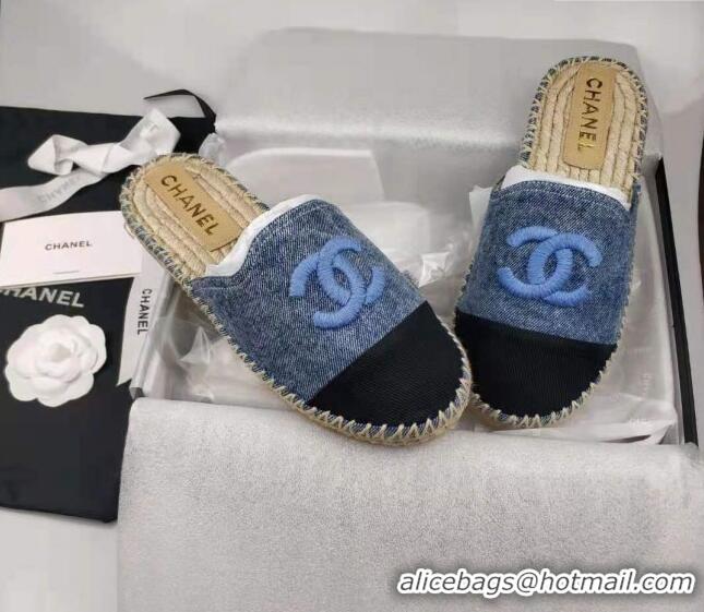 Charming Chanel Denim & Grosgrain Espadrilles Mules Blue 816015