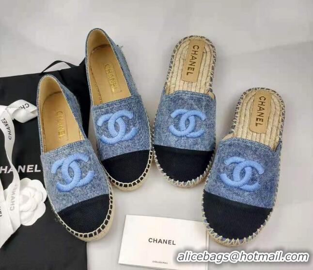 Charming Chanel Denim & Grosgrain Espadrilles Mules Blue 816015