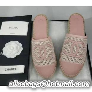 Top Grade Chanel Woven & Lambskin Espadrille Mules Flat Light Pink 816012