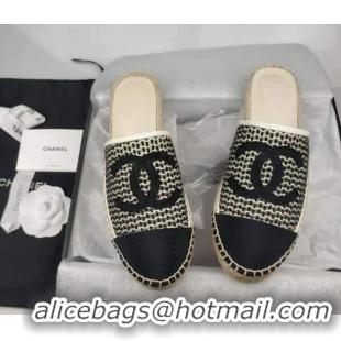 Stylish Chanel Woven & Grosgrain Espadrille Mules Flat Black 816014