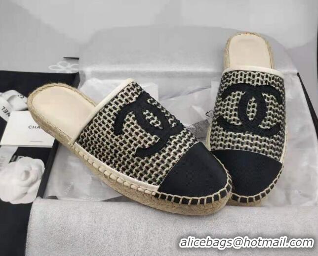 Stylish Chanel Woven & Grosgrain Espadrille Mules Flat Black 816014