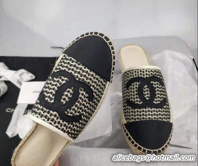 Stylish Chanel Woven & Grosgrain Espadrille Mules Flat Black 816014