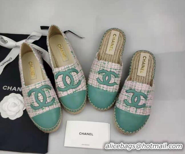 Unique Style Chanel Tweed & Lambskin Espadrilles Flat Green 816018