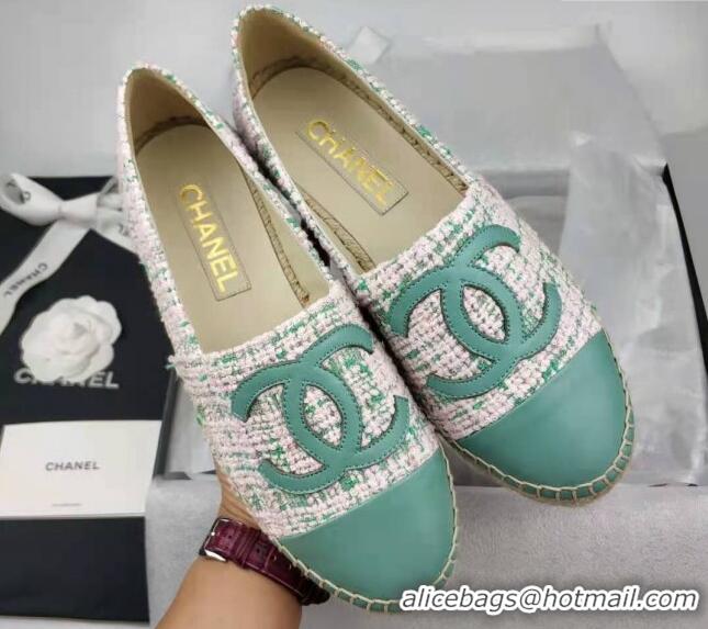 Unique Style Chanel Tweed & Lambskin Espadrilles Flat Green 816018