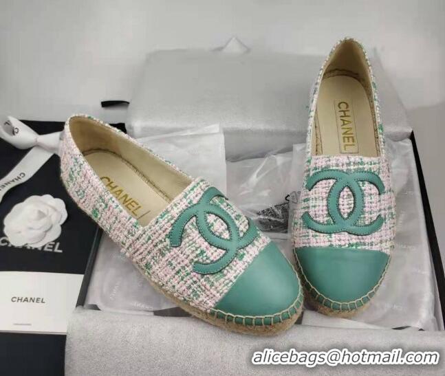 Unique Style Chanel Tweed & Lambskin Espadrilles Flat Green 816018