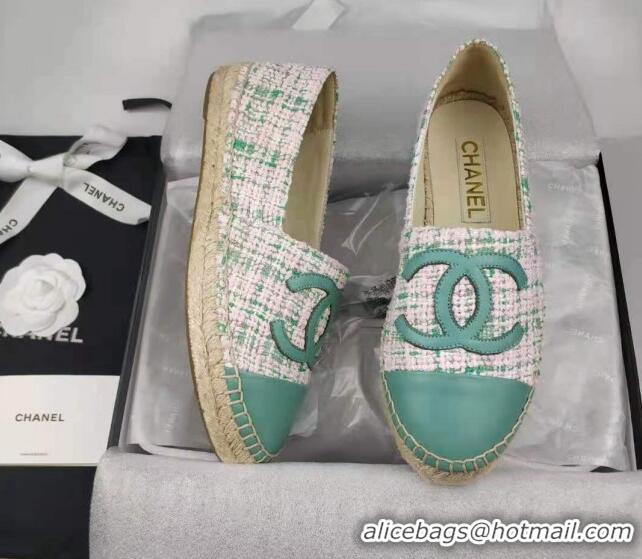 Unique Style Chanel Tweed & Lambskin Espadrilles Flat Green 816018