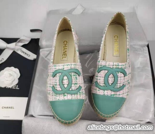 Unique Style Chanel Tweed & Lambskin Espadrilles Flat Green 816018