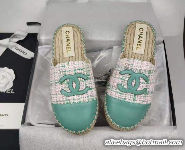 1:1 aaaaa Chanel Tweed & Lambskin Espadrilles Mules Green 816018