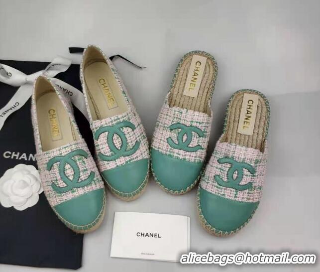 1:1 aaaaa Chanel Tweed & Lambskin Espadrilles Mules Green 816018