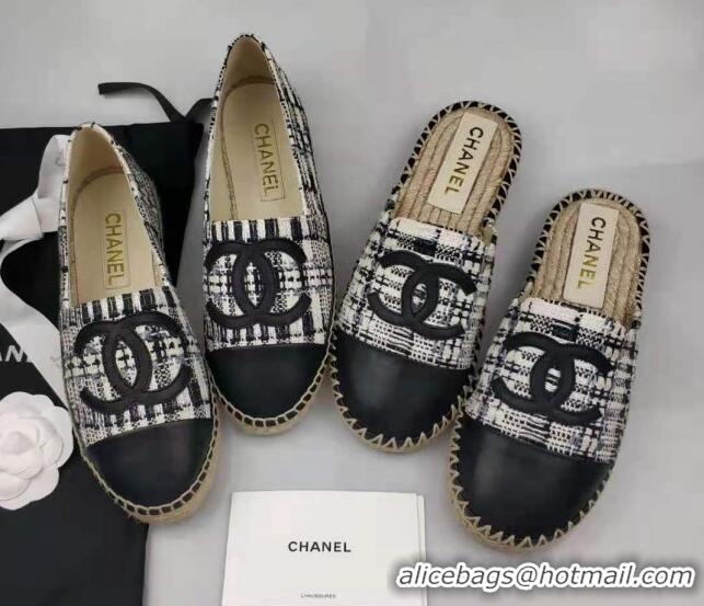 Grade Chanel Tweed & Lambskin Espadrilles Flat Black 816019