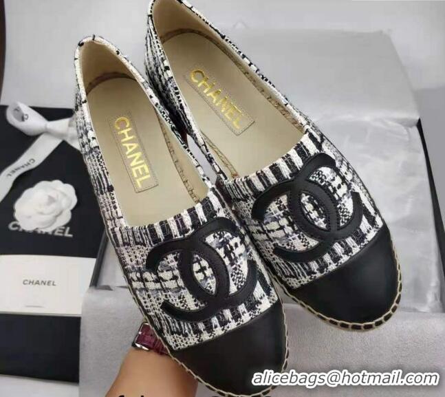 Grade Chanel Tweed & Lambskin Espadrilles Flat Black 816019