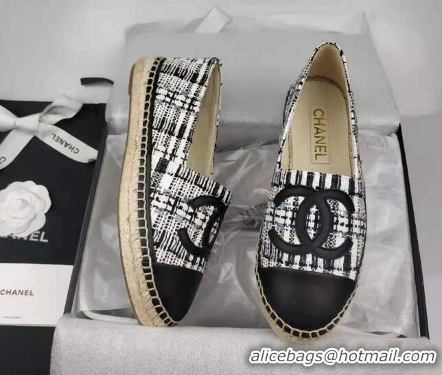 Grade Chanel Tweed & Lambskin Espadrilles Flat Black 816019