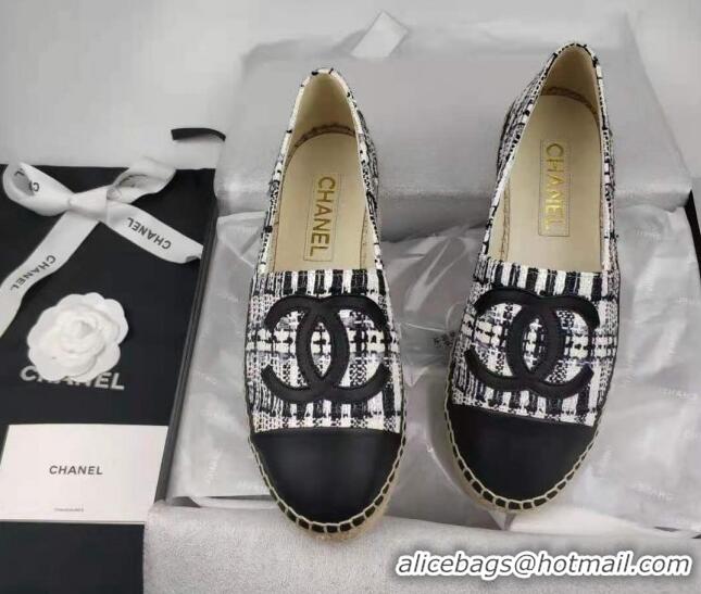 Grade Chanel Tweed & Lambskin Espadrilles Flat Black 816019