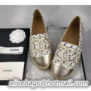 Luxury Discount Chanel Tweed & Grosgrain Espadrilles Flat White/Gold 816025