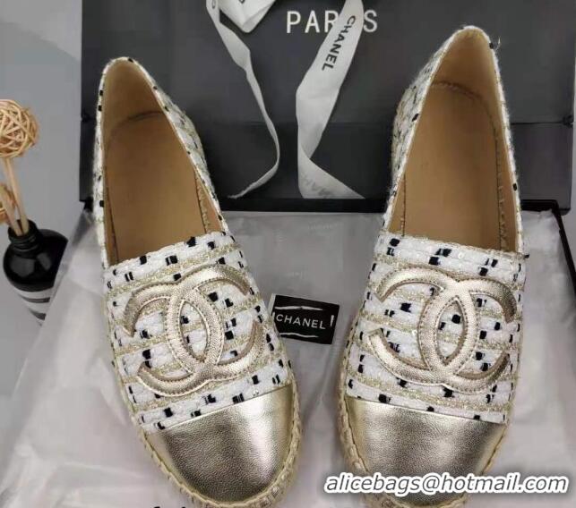 Luxury Discount Chanel Tweed & Grosgrain Espadrilles Flat White/Gold 816025