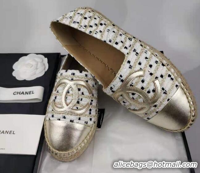 Luxury Discount Chanel Tweed & Grosgrain Espadrilles Flat White/Gold 816025