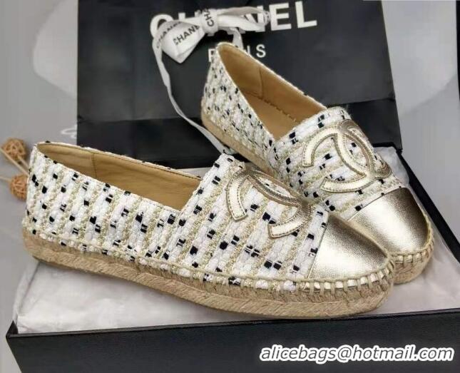 Luxury Discount Chanel Tweed & Grosgrain Espadrilles Flat White/Gold 816025