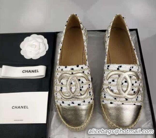 Luxury Discount Chanel Tweed & Grosgrain Espadrilles Flat White/Gold 816025