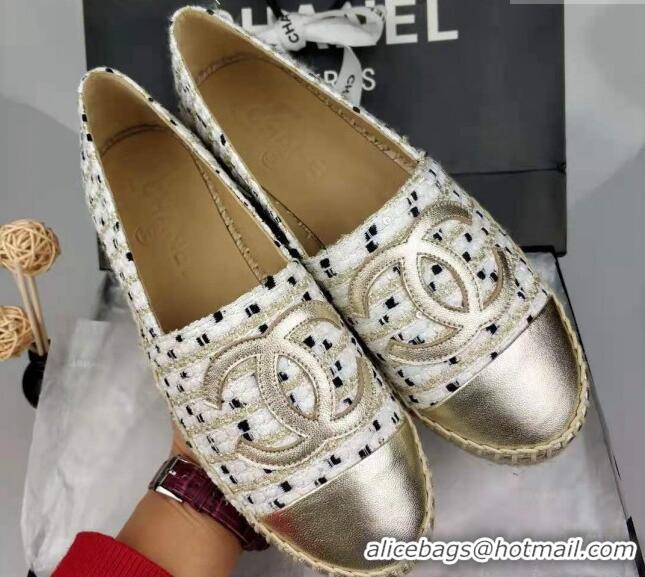 Luxury Discount Chanel Tweed & Grosgrain Espadrilles Flat White/Gold 816025