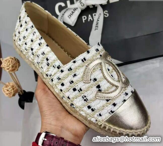 Luxury Discount Chanel Tweed & Grosgrain Espadrilles Flat White/Gold 816025