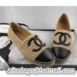 Stylish Chanel Straw-Like & Lambskin Espadrilles Flat Beige 816022