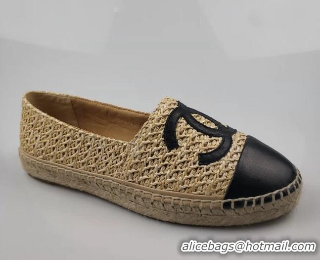 Stylish Chanel Straw-Like & Lambskin Espadrilles Flat Beige 816022