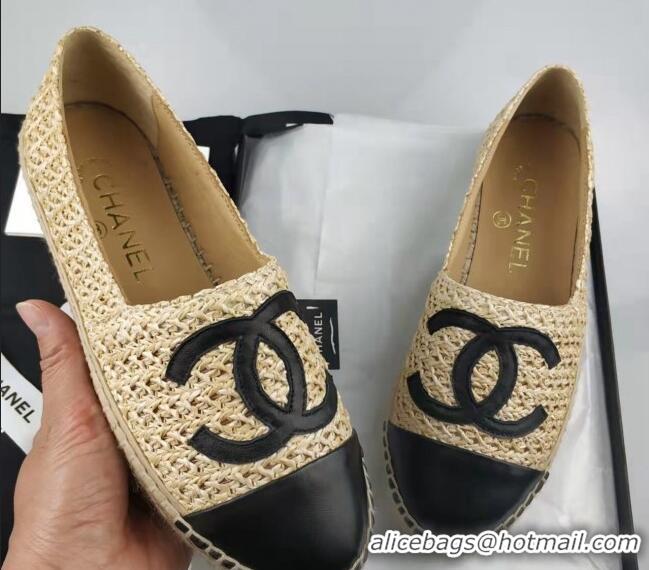 Stylish Chanel Straw-Like & Lambskin Espadrilles Flat Beige 816022