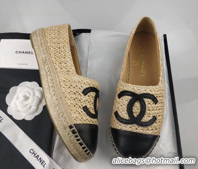 Stylish Chanel Straw-Like & Lambskin Espadrilles Flat Beige 816022