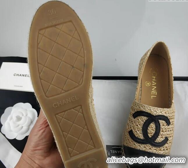 Stylish Chanel Straw-Like & Lambskin Espadrilles Flat Beige 816022