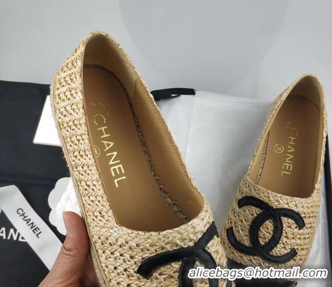 Stylish Chanel Straw-Like & Lambskin Espadrilles Flat Beige 816022