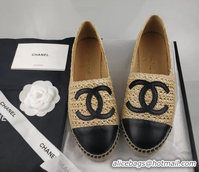 Stylish Chanel Straw-Like & Lambskin Espadrilles Flat Beige 816022