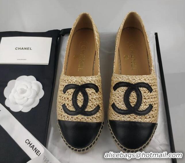 Stylish Chanel Straw-Like & Lambskin Espadrilles Flat Beige 816022