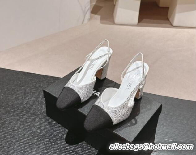 Sophisticated Chanel Strass & Grosgrain Slingback Pumps 9cm G31318 White