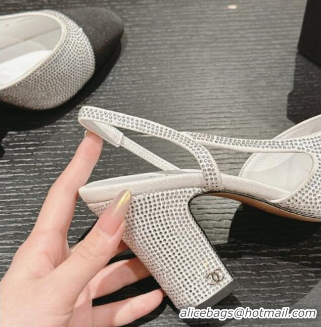 Sophisticated Chanel Strass & Grosgrain Slingback Pumps 9cm G31318 White