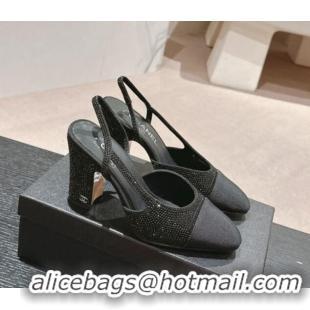 Good Quality Chanel Strass & Grosgrain Slingback Pumps 9cm G31318 Black 816033