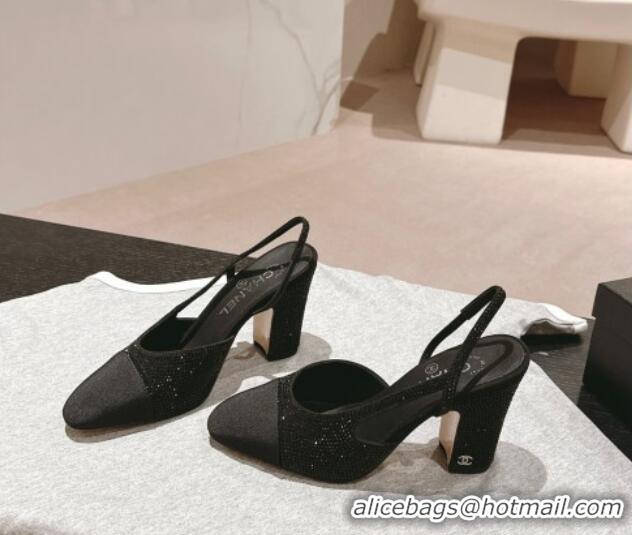 Good Quality Chanel Strass & Grosgrain Slingback Pumps 9cm G31318 Black 816033